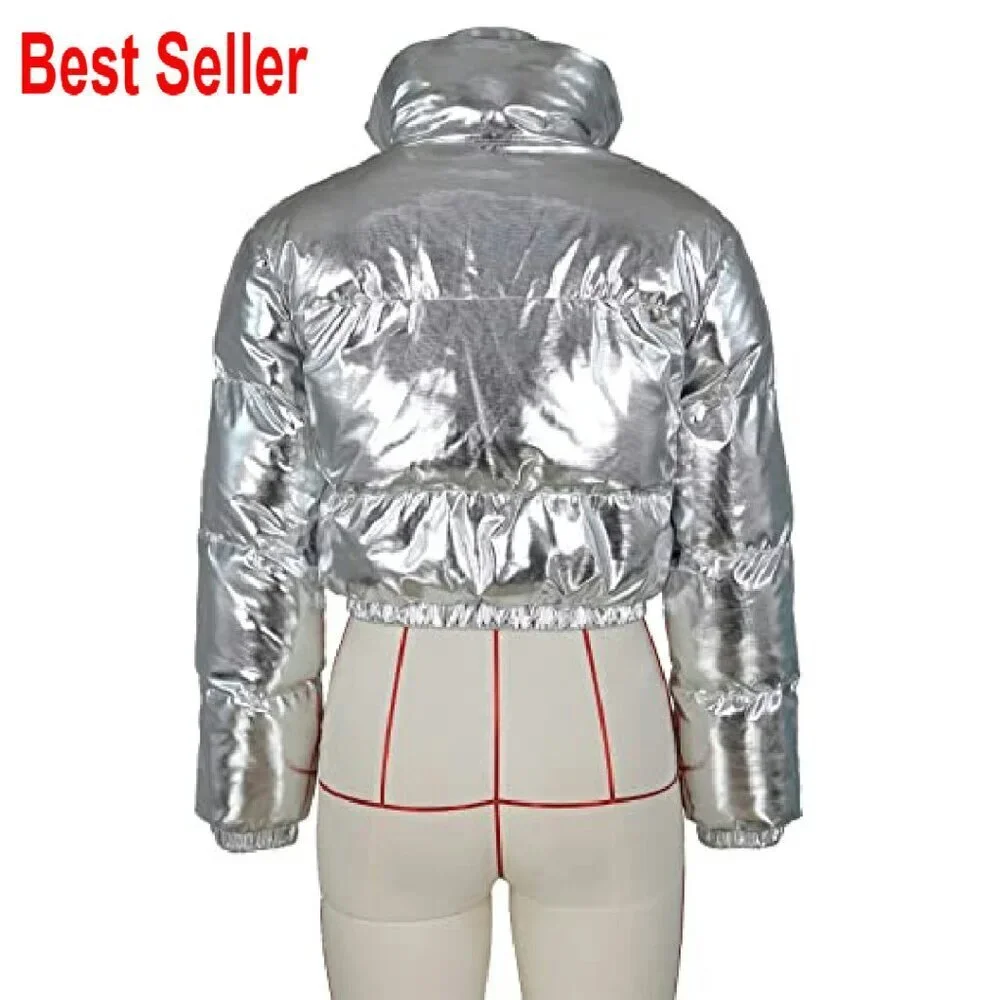 Shiny Cropped Puffer Jacket Stand Neck Winter Down Coat Y2K Chic